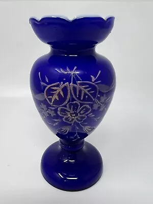 Antique Victorian Bristol Glass Cobalt Blue Hand Painted Floral Vase 6 1/4” H • $30