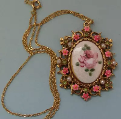 Cute Vintage Marked Art Pendant Necklace W Rose Center W Enamel Flowers • $2.50