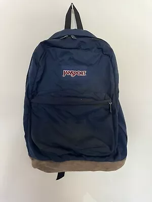 Vintage Jansport Backpack Leather Bottom Navy Blue • $23