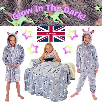 Glow In The Dark Girls Unicorn 1Onesie Onezi Robe Gown Blanket Plush Fleece  • £18.99