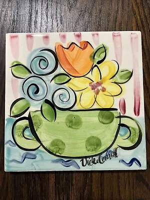 Vintage Vicki Carroll Cup Of BLOOMS/FLOWERS Pottery TRIVET Mint • $18