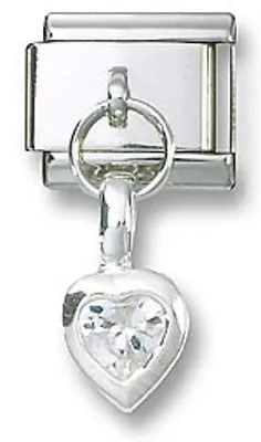 Italian Charm Dangle Birthstone Heart CZ Sterling Silver April Stainless Steel • $12.99