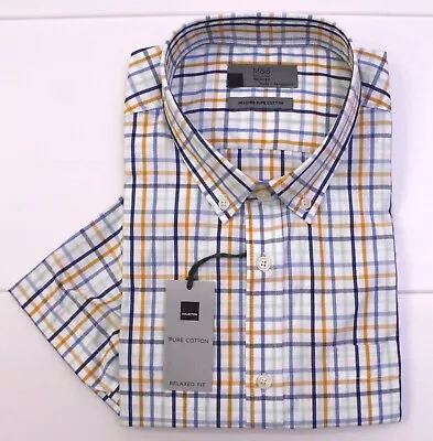 M&S Mens Pure Cotton Short Sleeve Shirt Checked Summer Beach ~ XXL ~ Yellow Mix • £9.95