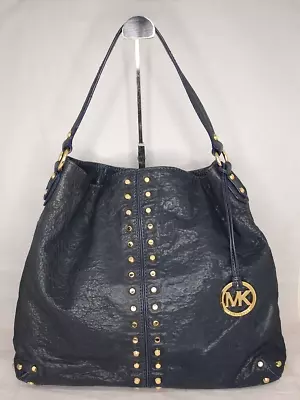 Michael Kors Uptown Astor Stud Destressed Leather Navy Blue Shoulder Purse Bag • $89.99