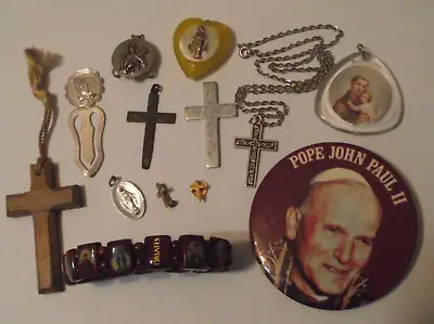 Vintage Religious Lot Bookmark Cross Pendants Bracelet Pin Pope St Anthony Mary • $10