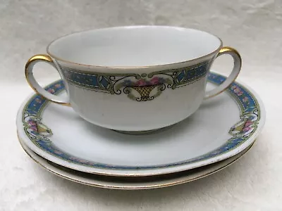 Antique Moritz Zdekauer Czechoslovakia Rose Basket 2 Saucers 1 Bouillon Cup • $55