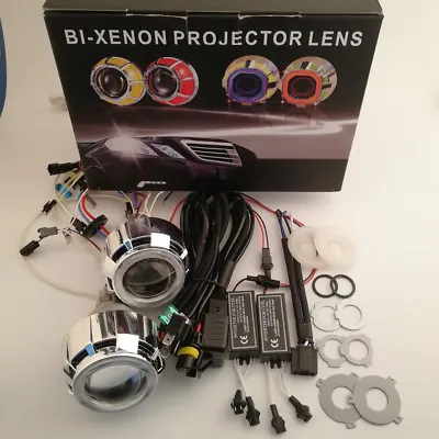 2.5'' Car BI-Xenon HID Projector Lens Kit With Double Angel Eyes Bulbs H1 H4 H7 • $109.99