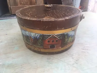 Vintage Wide Wood Bucket Lid And Handle Hand Painted Farmhouse Decor • $38