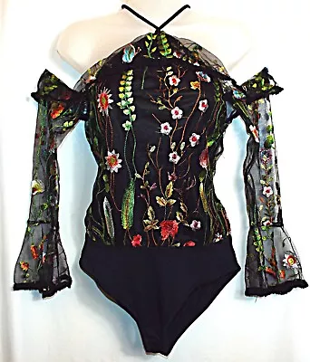 New Gorgeous Trendy Hub 💝 Black Chiffon Embroidered Bodysuit Top Size 8 #1005* • £18.99