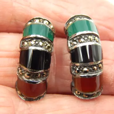 Sterling Silver Earrings ~ Inlaid Jade Onyx & Carnelian With Marcasite Accents • $24.99