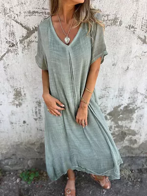 Women Casual Boho Long Sleeve Cotton Linen Maxi Dress Sundress Summer V Neck • $25.94