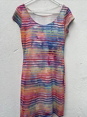 Desigual Knit Pencil Dress Womens Medium Pink Rainbow Sheer Short Sleeve Logo • £14.99