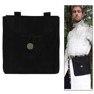 Large Black Suede Medieval Leather Pouch - Knight Renaissance Crusader Belt Bag • $13.15