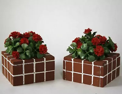 Pair Of Dollhouse Miniature 1:12 Red Flowers In Clay Brick Rock Garden Handmade • $19.99