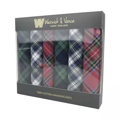 Warwick & Vance Men's 100% Cotton Tartan Check Handkerchiefs 6 Pack • £13.95