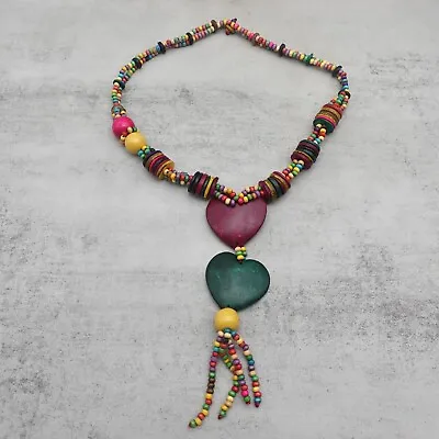 Womens Necklace Multicolor Wood Beaded Chain Heart Pendants 28 Inch Boho Jewelry • $5.20