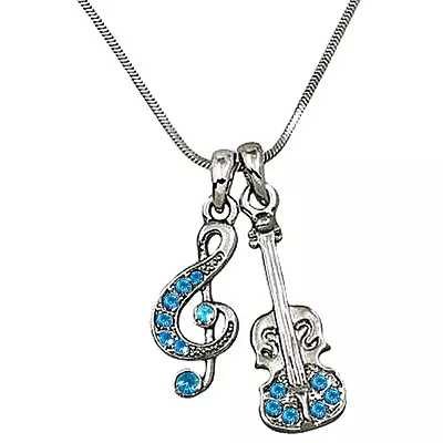 Music Treble G Clef Note Violin Pendant Necklace Blue Crystals Gift Boxed • $12.95