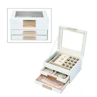 £62.29 • Buy White Three Layer Faux Leather Jewelry Box Anti Tarnish Lining 2 Removable Tray