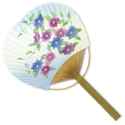 Japanese Uchiwa Flat Fan Hand Held Bamboo Handle Clematis Floral Made In Japan • $12.95