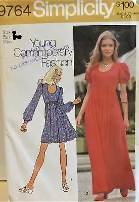 Vintage 70s Simplicity 9764 Misses 12 B34 Sweet Boho Maxi Dress Empire Pattern • $6.69