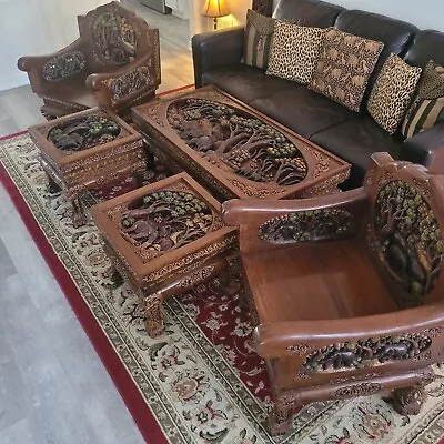 Teak Hand Carved Furniture Set Coffee End Table Chair RARE Vintage Made Thailand • $7000