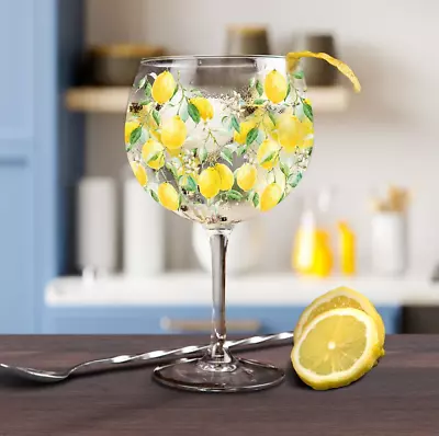 Hand Painted Lemon Grove Gin Glass Wine Drink Garden Gift Boxed • £13.99