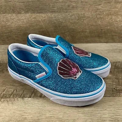 VANS Classic Slip On Sequin Patch Glitter Blue Shell Sneakers Girls Size 3 Shoes • $39.98