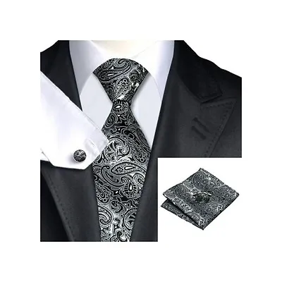 Mens Grey & Black Paisley 100% Silk Pocket Square Hanky Cufflink Tie Set Wedding • £14.99