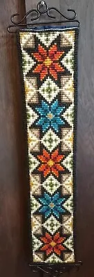 Vintage Needlepoint Bell Pull Floral Cotton Backing Fair Isle Handmade Blue Rust • $49.99