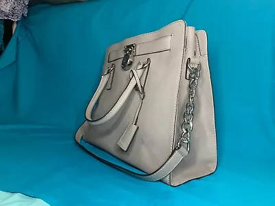 Michael Kors Hamilton NS SPECCHIO Optic White Saffiano Leather Silver Tote EEUC • $125