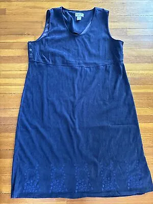 Vintage Mary McFadden Woman Navy Blue Sheath Dress Buttons Embroidered Hem 2XL • $17.95