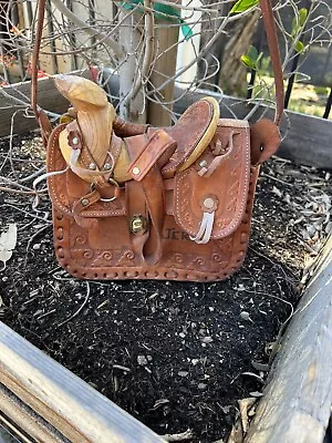 VINTAGE Unique Tooled Distressed Leather Horse Saddle Shaped Shoulder Bag • $65