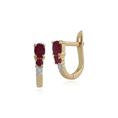 Classic Oval Ruby & Diamond Omega Back Hoop Earrings In 9ct Yellow Gold • £145