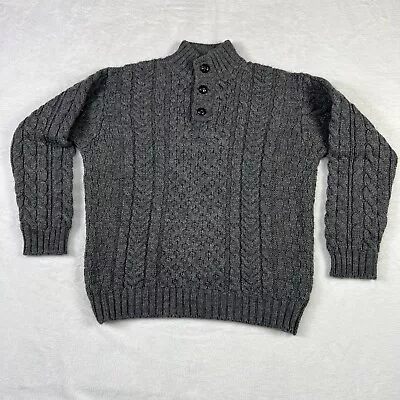 LL Bean Heritage Sweater Irish Fishermans Button Mock Wool Gray Mens Size Large • $149.99