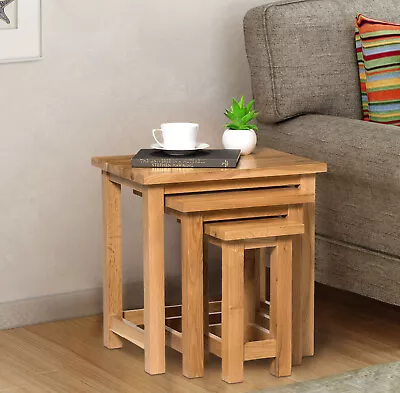 Small Solid Oak Nest Of 3 Coffee Tables | Wooden Side/End/Lamp Nesting Set • £139.99