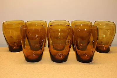 Set Of 8 Vintage Mid-century Modern Honey Amber Pinched Glass Water Tumblers • $77.39