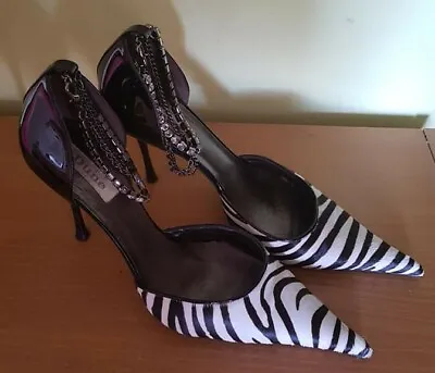 £29.99 • Buy Fab Black Zebra Animal Hide Patent Leather Diamante Ankle Strap Shoes Sz 40 Dune