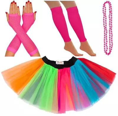 NEON 80s FANCY DRESS TUTU SET GLOVES LEG WARMERS AND BEADS HEN PARTY COSTUME • £7.79