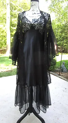 Vintage Val Mode Black LACE Long Robe & Gown Peignoir Set Size L Large NEW • £77.20