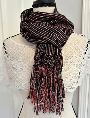 New Fringed Rebozo Wrap/Shawl Woven Stripes 60 X18  Mexican Black/White/Red • $21.95