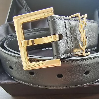 Yves Saint Laurent YSL Women Authentic Black Belt Leather Gold Buckle • $99.56