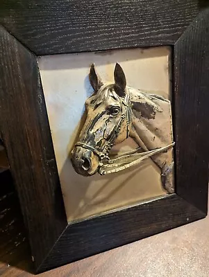 SIGNED G BOMMER Vtg EQUESTRIAN 3D HORSE HEAD W/REINS DARK OAK FRAME ...AS IS... • $65