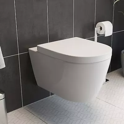 £119.74 • Buy Bathroom Modern Wall Hung Toilet Pan Round WC Soft Close Toilet Seat White