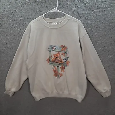 Vintage Cat Sweater Adult Medium Sweatshirt Retro 1990s Kitten Birds USA Made • $19.90