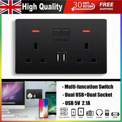 Double Wall Plug Socket 2 Gang 13A W/ 2 USB Charger Port Outlets Black Plate UK • £7.69