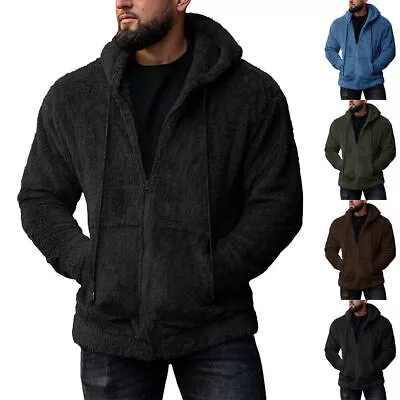 Man's Winter Warm Faux Fur Zip Up Hooded Coats Casual Solid Hoodies Outwears CN • £18.19