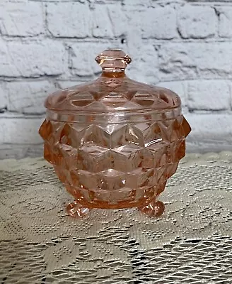 Vintage Pink Depression Jeannette Glass Vanity Powder Jar Cube Cubist With Lid • $19.50