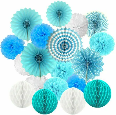 All-In-One Hanging Paper Fan Tissue Pompoms Honeycomb Ball Party Decor (Blue) • £11.99