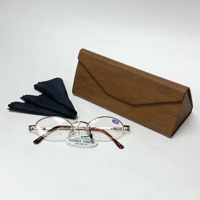 Gold Reading Glasses +1.50 Spring Temples W/ Brown Faux Wood Foldable Case SET • $19.99