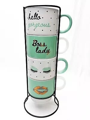 American Atelier Set Of Four (4) - 14 Oz Mugs & Metal Rack - FREE SHIPPING • $21.90